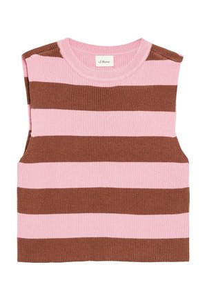 Mouwloos gebreid vest met brede horizontale roze en bruine strepen en een ronde hals.