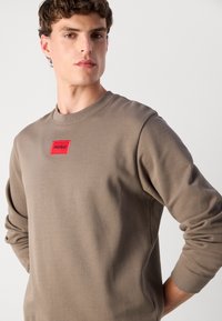 Felpa color marrone chiaro con colletto e polsini a costine, con una patta rettangolare rossa con il testo "HUGO" sul petto. Tessuto morbido.