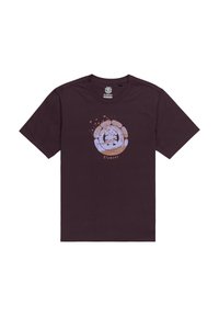 Maroon cotton t-shirt with a round neckline. Features a graphic design in light blue and orange, centered on the chest with abstract elements.
