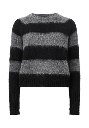 Gray and black striped sweater with a fuzzy texture, round neckline, and ribbed cuffs and hem. Cropped fit with a relaxed design.