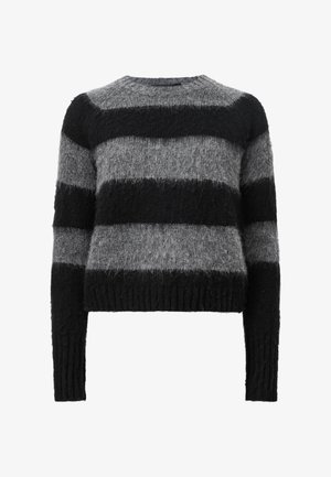 Pulover cu dungi gri și negre, cu o textură pufoasă, decolteu rotund și mansete și tiv rib-țesut. Cropped fit cu un design relaxat.