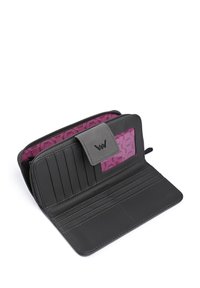 Black leather wallet with a zip closure and grey flap. Interior features purple lining with a pattern and multiple card slots for organization.