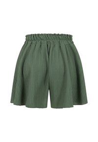 Short ample taille haute vert olive avec tissu texturé et taille élastique froncée.