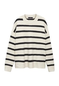 Jasnobeżowy sweter z czarnymi poziomymi paskami, okrągłym dekoltem i prążkowanymi mankietami. Wykonany z miękkiego, teksturowanego materiału. Klasyczny, casualowy design.