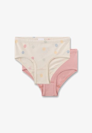 Zwei Paar Kinder-Baumwollunterhosen, eine cremefarben mit pastellfarbenen Polka-Dots und eine einfarbig rosa, übereinandergestapelt und flach auf weißem Hintergrund präsentiert.