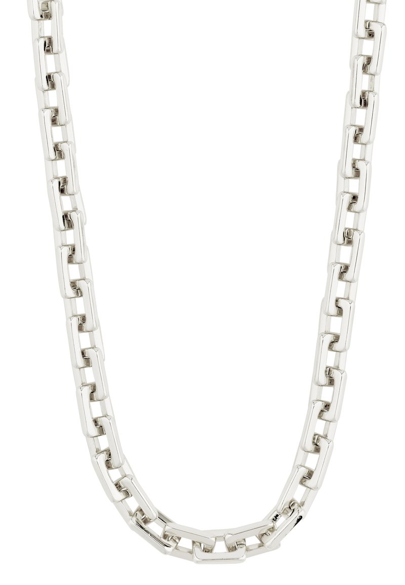 Silberfarbene Metallkette mit ineinandergreifenden rechteckigen Gliedern, die eine glatte Textur und polierte Oberfläche aufweisen. Kein sichtbarer Verschluss.