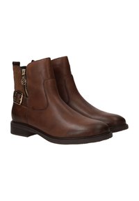 Bottines en cuir marron avec une finition lisse, fermeture éclair sur le côté, et une boucles décorative sur le côté. Talon bas et bout rond.
