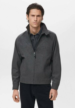 Giacca grigia foderata in pile con colletto alto, zip frontale e tasche laterali; texture liscia e design aderente. Indossata sopra una maglietta scura.