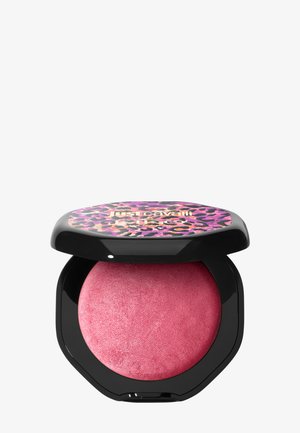 Trousse de maquillage compacte noire avec couvercle imprimé léopard rose, contenant un blush poudre rose scintillant à l'intérieur.