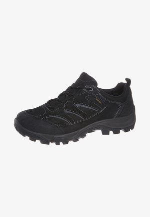 Czarny wodoodporny but trekkingowy Gore-Tex z wytrzymałą podeszwą, panelami z siateczki i sznurowaniem z przodu, zaprojektowany do aktywności na świeżym powietrzu.
