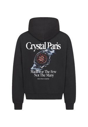 Black hoodie featuring a large graphic of a watch with red accents and text: "Time Never Stops," "Crystal Paris," and "Made For The Few."
