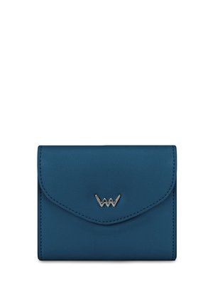 Teal leather wallet with a flap closure, featuring a silver logo accent and smooth texture. Compact design for easy carrying.