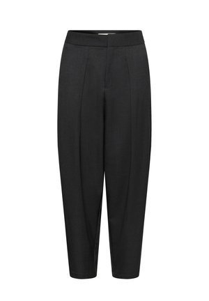 Crne krojene hlače s plisiranim prednjim dijelom, suženim nogavicama i glatkom teksturom. Srednji struk i dužina do gležnjeva.