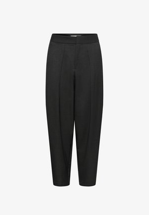 Zwarte maatwerk broek met een geplooide voorkant, taps toelopende benen en een gladde textuur. Middenhoog taille en enkel-lange snit.