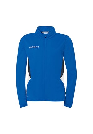 Veste de sport bleue zippée à manches longues avec logo blanc "uhlsport" sur la poitrine, comportant des panneaux latéraux noirs et blancs.