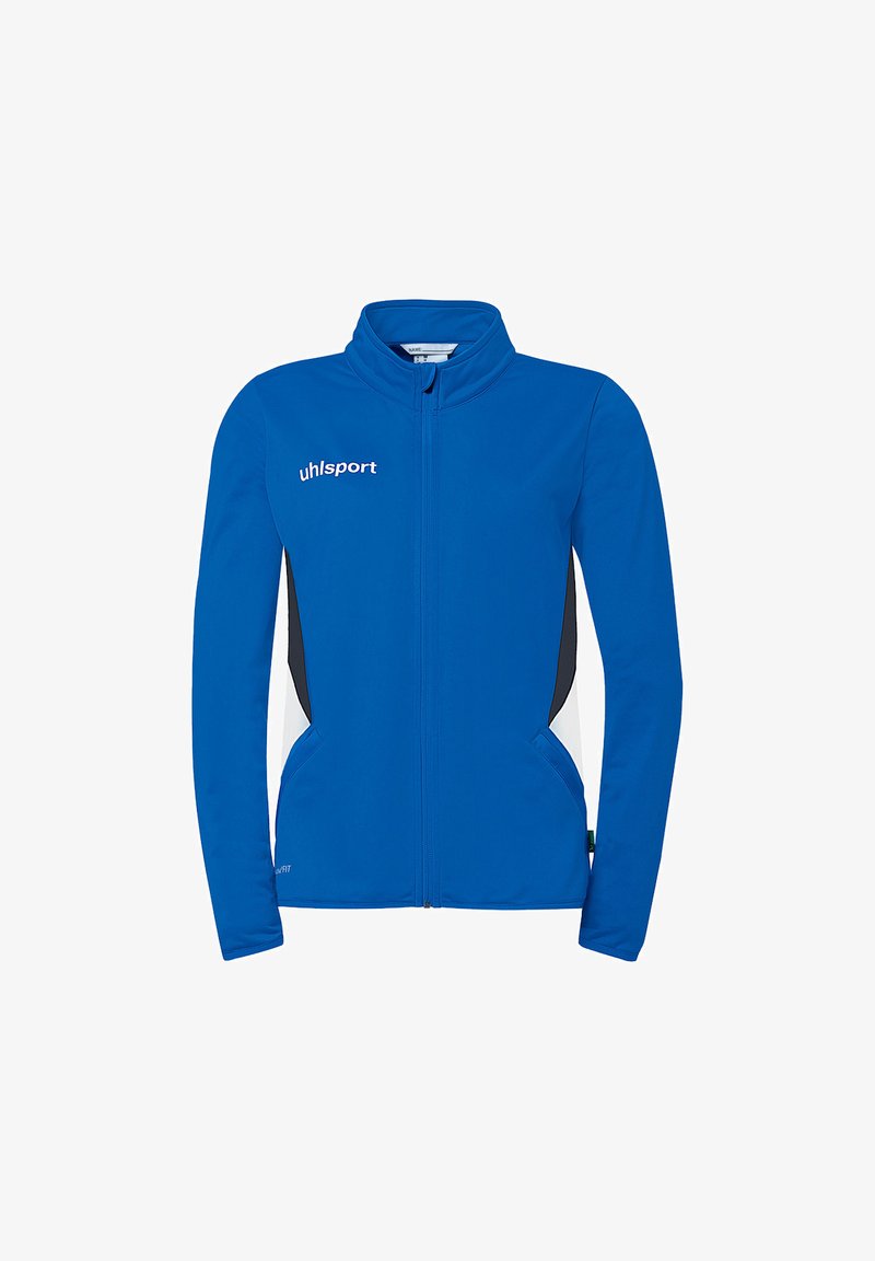 Veste de sport bleue zippée à manches longues avec logo blanc "uhlsport" sur la poitrine, comportant des panneaux latéraux noirs et blancs.