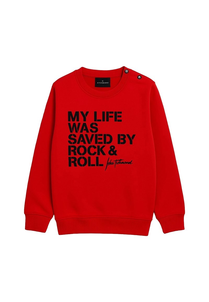 Felpa rossa con maniche lunghe e colletto rotondo. Presenta un grande testo stampato nero che recita "LA MIA VITA È STATA SALVATA DAL ROCK & ROLL." Due bottoni neri sulla spalla.