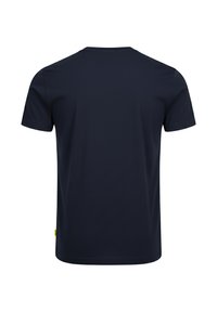 Marineblaues T-Shirt, kurzärmlig, mit Rundhalsausschnitt, aus glattem Stoff. Keine sichtbaren Logos oder Muster, glatte Textur und gerader Schnitt.