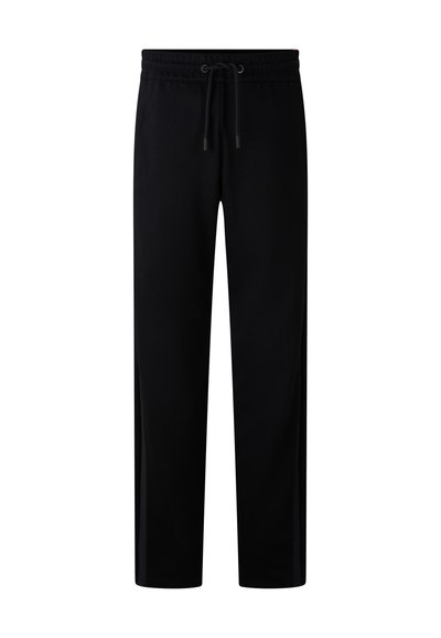 Sorte joggerbukser med drawstring i taljen, lavet af et blødt, åndbart stof med lige ben og uden synlige mønstre.