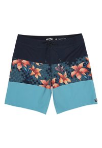 Shorts de bain bleus et marins avec des motifs floraux comportant des fleurs orange et jaunes. Comprend un cordon de serrage et un accent de motif géométrique.