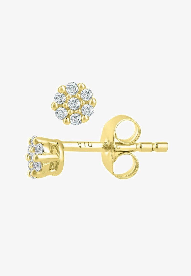 Auksinės spalvos auskarai su kristalų žiedais, sudarytais iš aiškių kristalų, išdėstytų gėlių raštu. Užpakalinė dalis turi saugų segtuką su veržle.