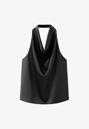 Schwarzes ärmelloses Top aus glattem Satin, mit einem drapierten Ausschnitt und lockerem Schnitt mit abgerundetem Saum. Keine sichtbaren Beschläge oder Muster.