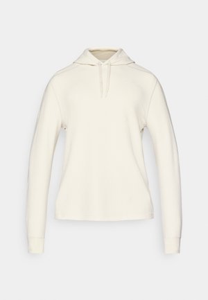 Weißer Kapuzenpullover mit langen Ärmeln, gerippten Bündchen, einer Kängurutasche und Kordeln am Hals, aus einem weichen, strukturierten Stoff.
