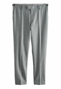 Gray checkered trousers with a textured fabric, featuring a flat front, two side pockets, and a standard waistband with a button closure.