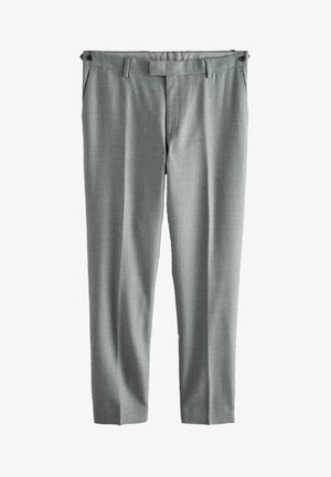 Grau kariertes Hosen mit einem strukturierten Stoff, vorne flach geschnitten, mit zwei Seitentaschen und einem normalen Bund mit Knopfverschluss.