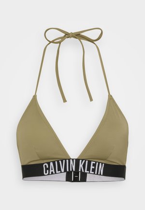 Olive green triangle bikini top with adjustable ties and a black elastic band featuring white "CALVIN KLEIN" logo. Smooth texture, simple design.