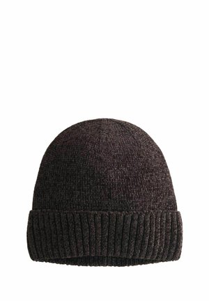 Dark knit beanie hat with a textured body and ribbed cuff, made from a wool blend material, designed for warmth and comfort.