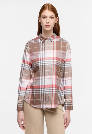 Karierte Hemd mit einem Knopfkragen, langen Ärmeln und einer Mischung aus Braun, Rot und Weiß mit verschiedenen Linienmustern.