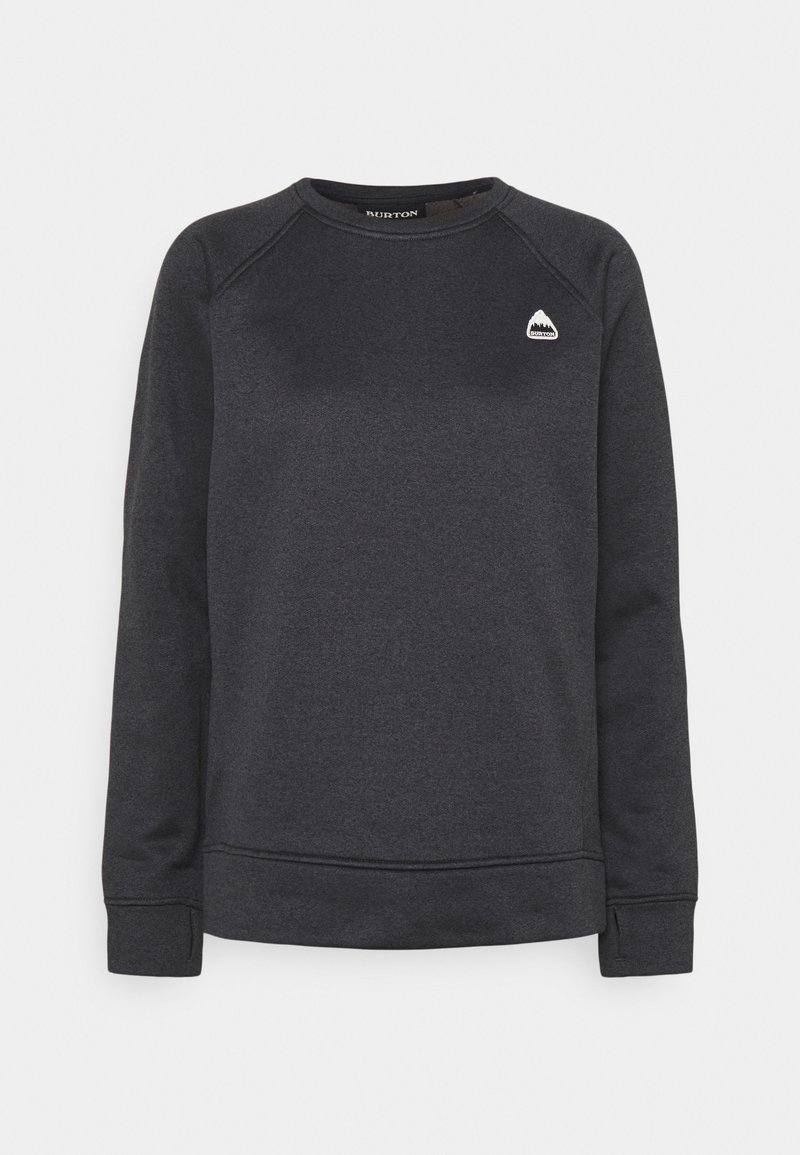 Tmavo šedý mikina s dlhými rukávmi, okrúhlym výstrihom, rebrovanými manžetami a lemom. Malá nášivka s logom zobrazuje hory na hrudi. Mäkká textúra.