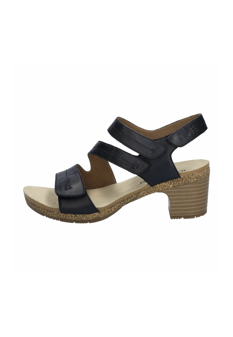 Black leather sandal with three adjustable straps, a cushioned footbed, and a cork-style midsole. Features a low, textured heel.