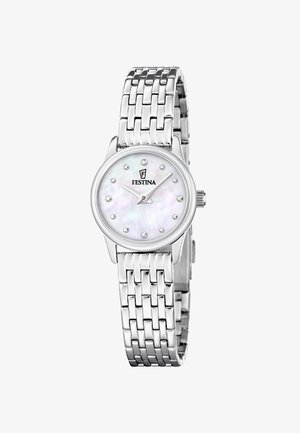 Strieborné hodinky Festina s perleťovým ciferníkom, krištáľovými hodinovými markeremi a prepojeným kovovým náramkom.