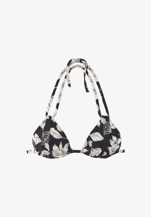 Črn trikotni bikini zgornji del z bež cvetličnim vzorcem, nastavljivi trakovi na vratu in hrbtu, mehak tekstil, in gubanji ob straneh.
