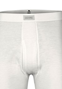 Hvide Dovre mærke boxershorts med en blød, glat tekstur, der har en bred elastisk talje og et simpelt syet design.