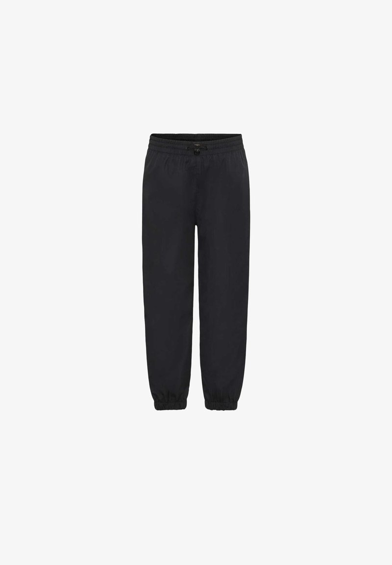 Sorte joggingbukser med elastisk talje, justerbar snøre og elastiske manchetter, forfra set på hvid baggrund.