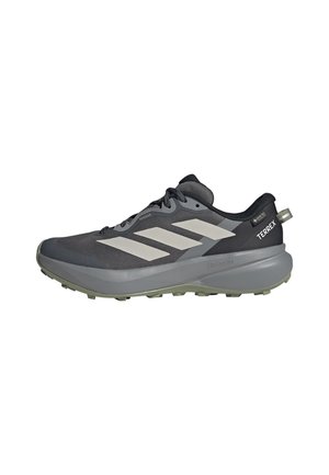 Mørkegrå Adidas Terrex trailsko med lysegrå tre striber, tyk sål og Gore-Tex overdel for vandtæt beskyttelse.