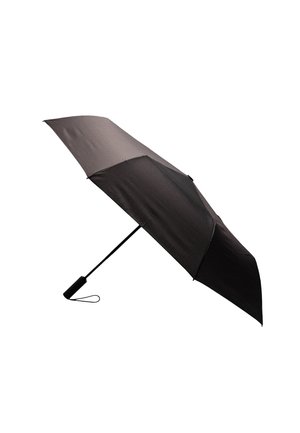 Czarny kompaktowy parasol z prostą rączką i paskiem na nadgarstek, półotwarty na białym tle.