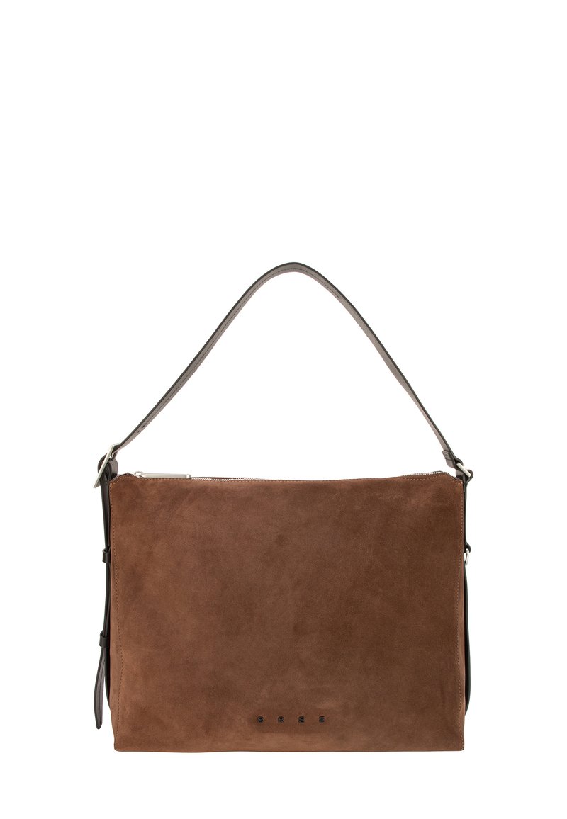 Borsa a tracolla in suede marrone con chiusura a zip, tracolla lunga e logo del marchio in rilievo sul davanti. Forma rettangolare con texture morbida.