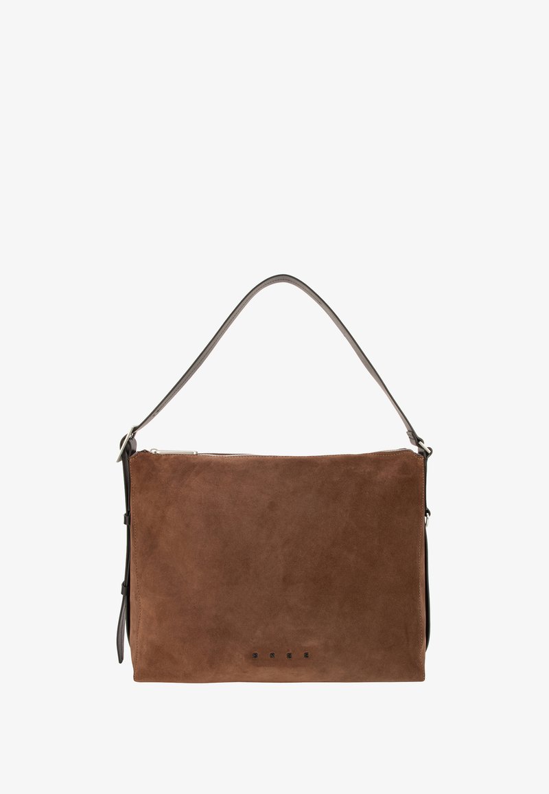Borsa a tracolla in suede marrone con chiusura a zip, tracolla lunga e logo del marchio in rilievo sul davanti. Forma rettangolare con texture morbida.