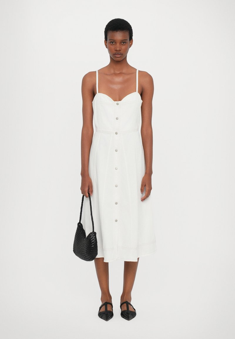 white denim corset dress White Halter Neck Denim Corset Maxi Dress White / 10