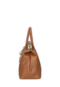 Borsa a mano in pelle marrone con forma strutturata, manici superiori e hardware in tonalità oro, caratterizzata da un'esterno texturizzato e dettagli di cucitura in vista.