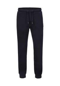 Marineblaue Sweatpants aus Baumwollmischung, mit einem elastischen Bund und Kordelzug, gerippten Bündchen und einem seitlichen Logo-Patch.