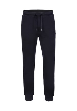 Navy blue sweatpants made of cotton blend, featuring an elastic waistband with drawstring, ribbed cuffs, and a side logo patch.