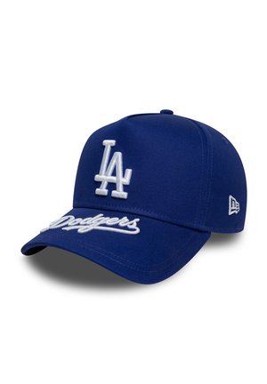 Blue baseball cap made of fabric with a rounded crown, featuring white embroidered "LA" logo and "Dodgers" text on the front.