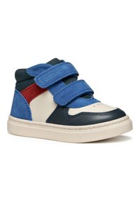 Baskets montantes en suède bleu, cuir crème et accents vert foncé. Deux bandelettes Velcro bleues sur le dessus. Semelle texturée.