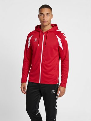 Ung mand iført en rød hættetrøje med hvid detaljer og sorte sportbukser med hvide chevron-striber på en ensfarvet baggrund.