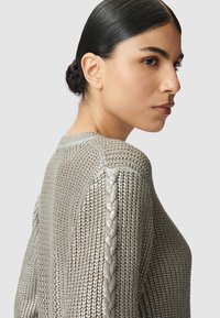 Zilveren gebreide trui met textuurpatroon, ronde halslijn en gevlochten accenten op de mouwen, die een lichte en reflecterende afwerking laat zien.